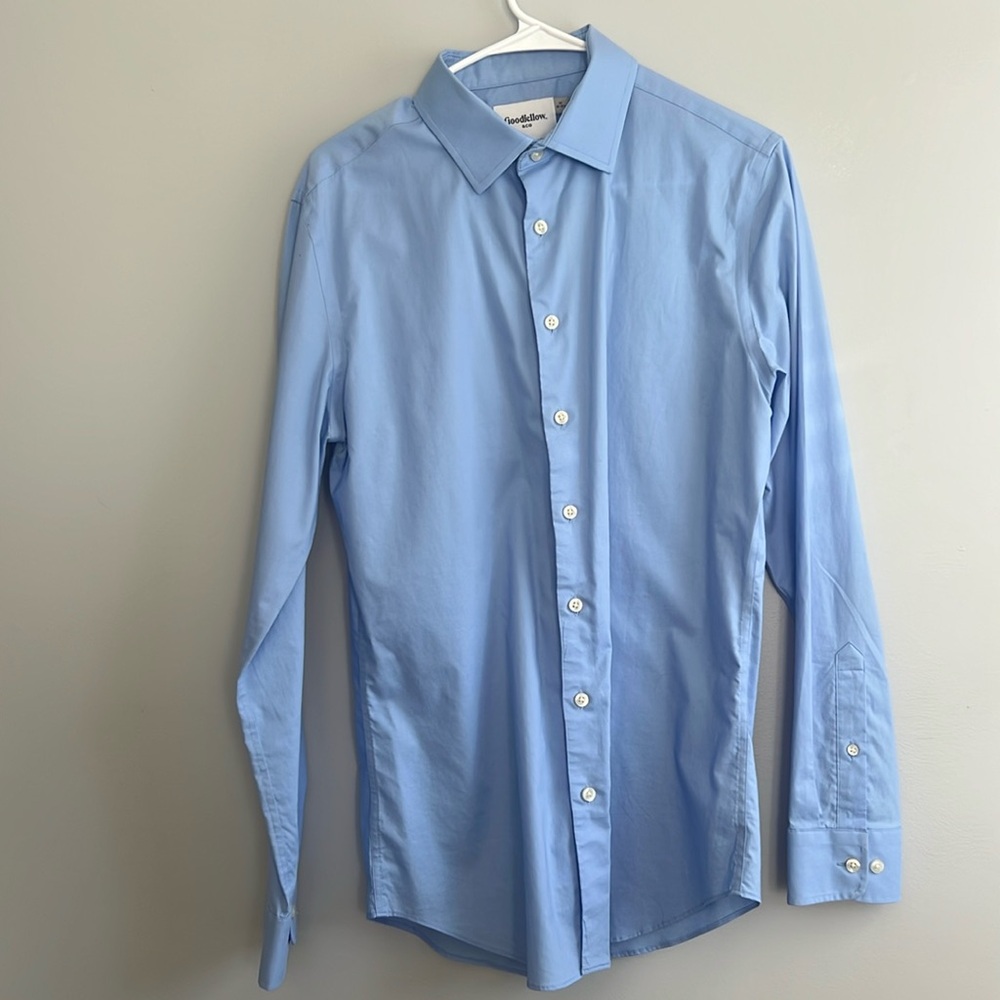 Men’s Blue Long Sleeve Slim Button-Down Shirt, Goodfellow & Co, M 15-15.5